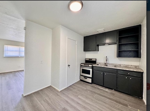 kitchen featuring gas range, sink, and light wood-type flooring