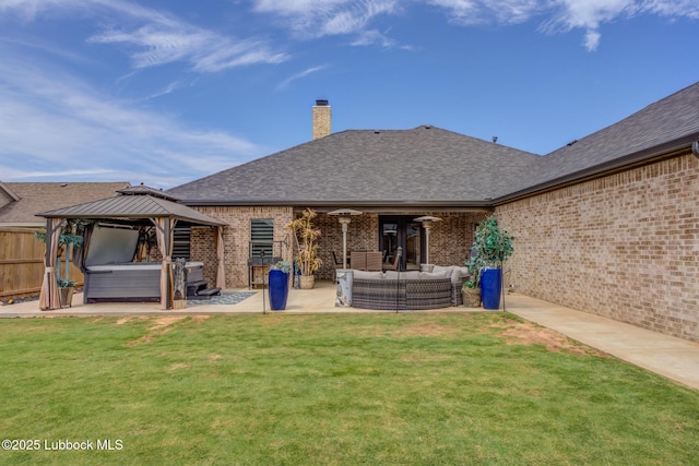 10907 Vicksburg Ave, Lubbock, TX 79424 - rear view of property with brick siding, a patio, an outdoor hangout area, a gazebo, and a chimney