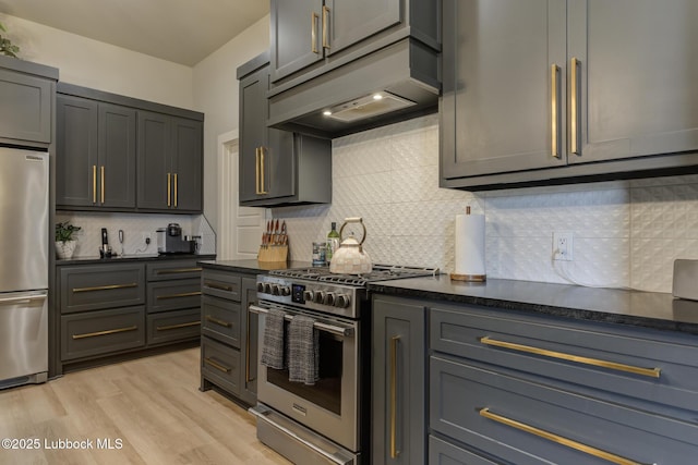 10907 Vicksburg Ave, Lubbock, TX 79424 - kitchen featuring appliances with stainless steel finishes, custom exhaust hood, light wood-type flooring, and backsplash
