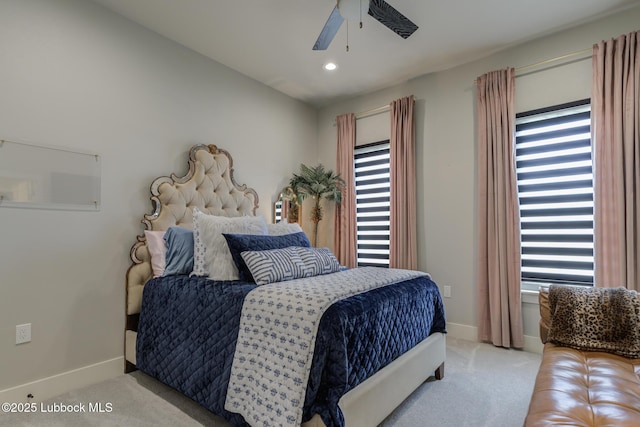 10907 Vicksburg Ave, Lubbock, TX 79424 - bedroom featuring light colored carpet, baseboards, recessed lighting, and ceiling fan