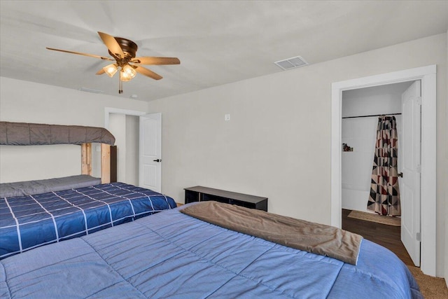 bedroom featuring visible vents and ceiling fan