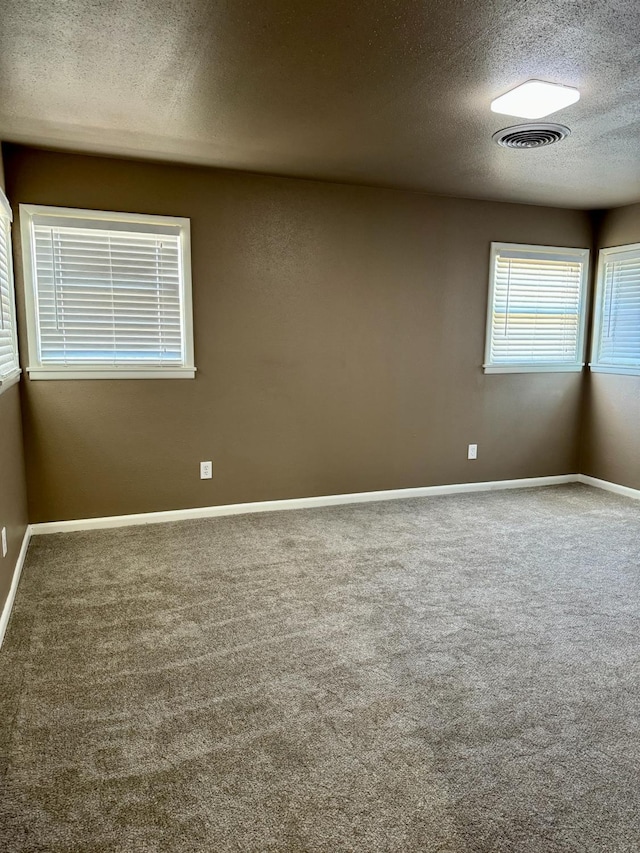 empty room with carpet flooring and a textured ceiling