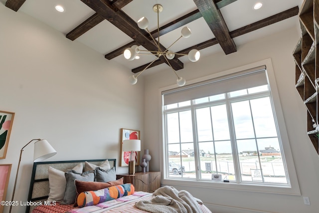 4510 Zadar Ave, Lubbock, TX 79407 - bedroom featuring a chandelier, coffered ceiling, beam ceiling, and recessed lighting