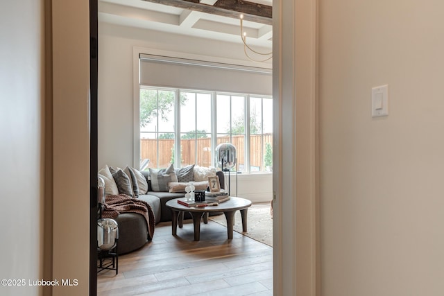 4510 Zadar Ave, Lubbock, TX 79407 - living room featuring plenty of natural light, coffered ceiling, light wood finished floors, and beamed ceiling