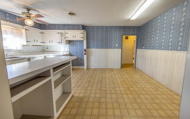 kitchen with sink, white cabinets, and ceiling fan