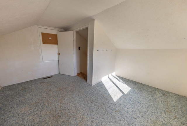 additional living space with lofted ceiling, carpet flooring, and a textured ceiling