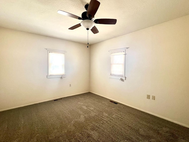 carpeted spare room with ceiling fan, plenty of natural light, and a textured ceiling