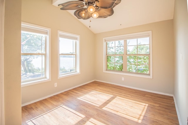 spare room featuring lofted ceiling, a wealth of natural light, ceiling fan, and light wood-type flooring