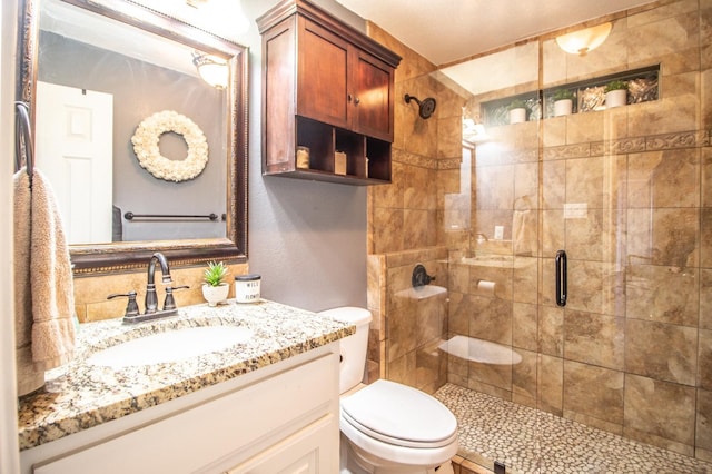 bathroom featuring vanity, toilet, and an enclosed shower