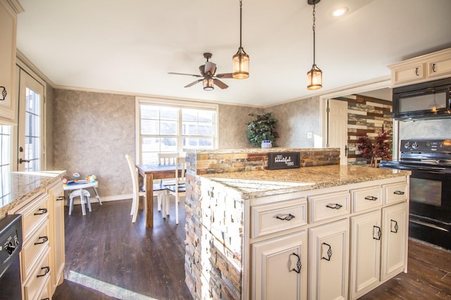 kitchen featuring a healthy amount of sunlight, decorative light fixtures, dark hardwood / wood-style floors, and black appliances