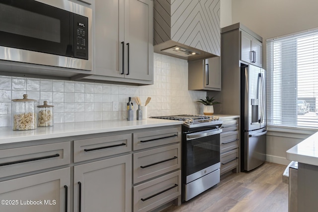 5713 119th St, Lubbock, TX 79424 - kitchen featuring appliances with stainless steel finishes, wall chimney exhaust hood, gray cabinets, light countertops, and backsplash