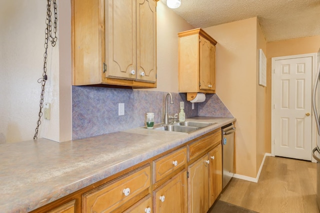 kitchen featuring sink, a textured ceiling, stainless steel dishwasher, light hardwood / wood-style floors, and decorative backsplash