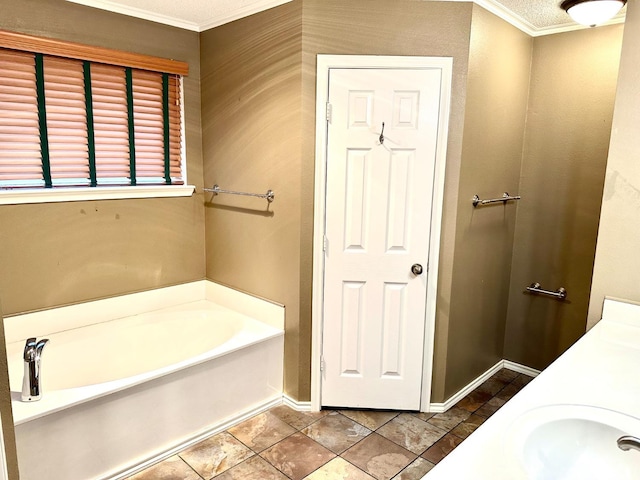 bathroom featuring vanity, a bath, and ornamental molding