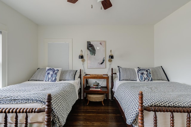bedroom with a ceiling fan and wood finished floors