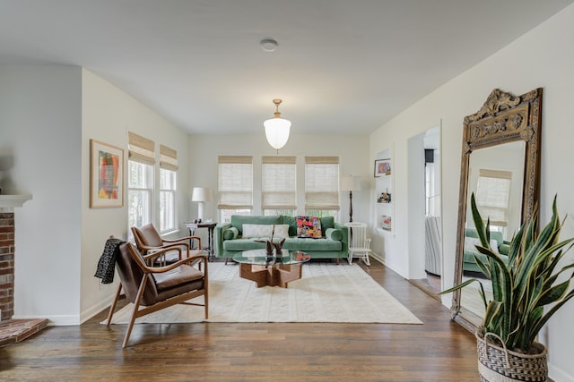 living area featuring dark wood-type flooring and a fireplace