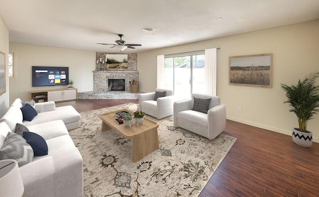 living room featuring a fireplace, wood-type flooring, and ceiling fan