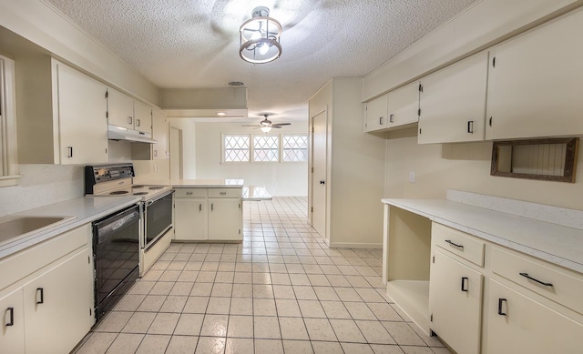 kitchen with light tile patterned floors, ceiling fan, black dishwasher, white cabinets, and white electric stove