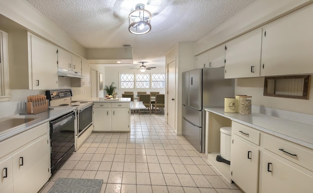 kitchen with light tile patterned floors, stainless steel fridge, white range with electric cooktop, white cabinetry, and black dishwasher