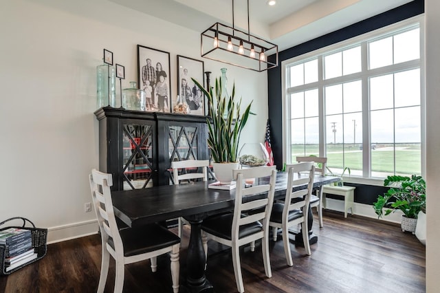 dining space featuring dark hardwood / wood-style flooring and a water view