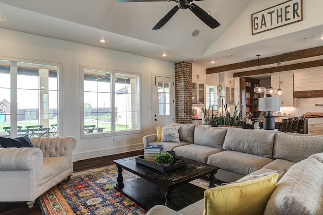 living room featuring lofted ceiling, dark wood-type flooring, and ceiling fan