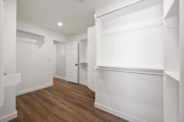 spacious closet with dark wood-type flooring