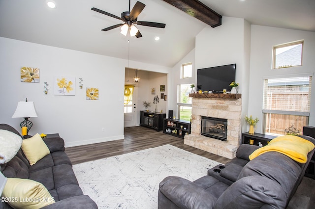 5719 117th St, Lubbock, TX 79424 - living area featuring beam ceiling, high vaulted ceiling, recessed lighting, wood finished floors, and ceiling fan