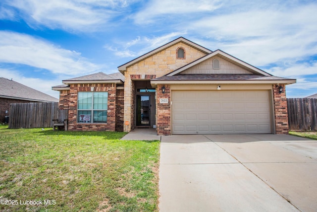 7023 35th St, Lubbock, TX 79407 - ranch-style house with fence, brick siding, driveway, a garage, and a front yard