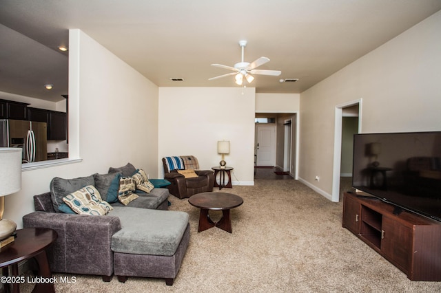7023 35th St, Lubbock, TX 79407 - living area with recessed lighting, baseboards, visible vents, ceiling fan, and light colored carpet