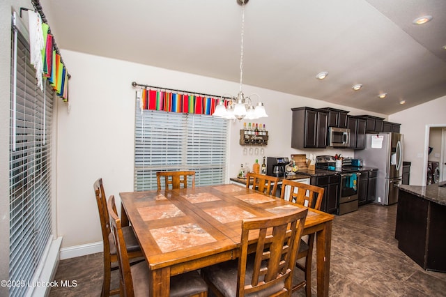 7023 35th St, Lubbock, TX 79407 - dining area featuring an inviting chandelier, vaulted ceiling, and recessed lighting