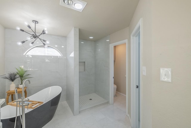 bathroom with toilet, plus walk in shower, and a notable chandelier