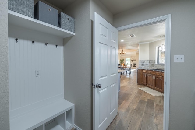 mudroom with ornamental molding and light wood-type flooring