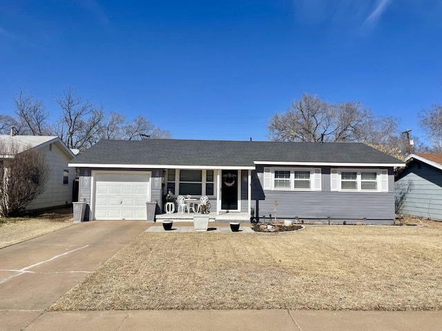 single story home with a porch, a shingled roof, driveway, and a garage