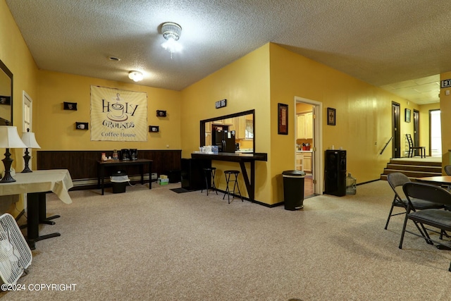 interior space featuring a textured ceiling and carpet flooring