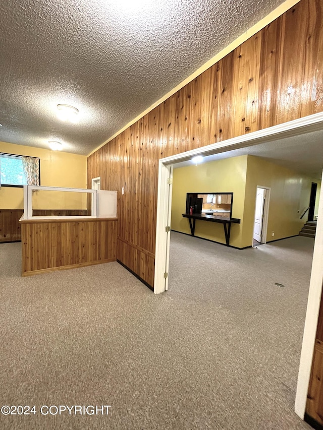 interior space with wooden walls, a textured ceiling, and carpet flooring