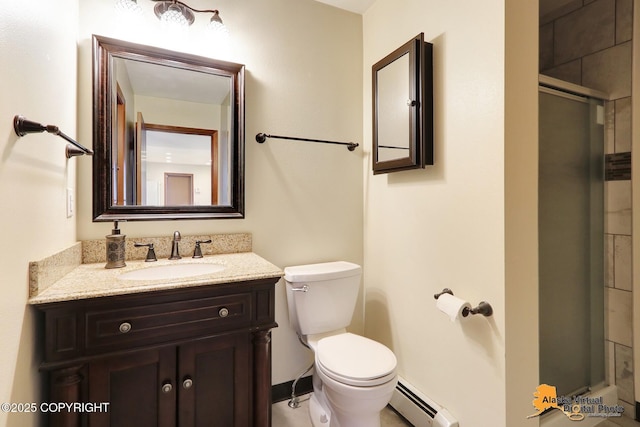 full bath with vanity, toilet, a shower with shower door, and baseboard heating