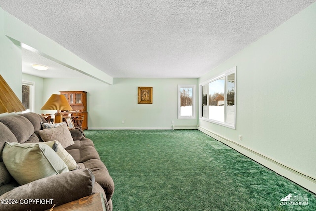 carpeted living room featuring a textured ceiling and a baseboard radiator