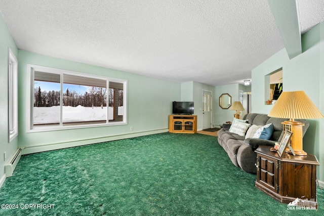 unfurnished living room with a baseboard radiator, a textured ceiling, and dark colored carpet