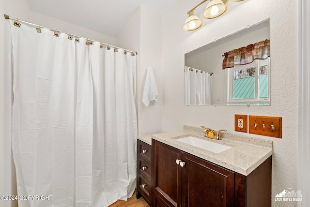 bathroom with hardwood / wood-style floors and vanity