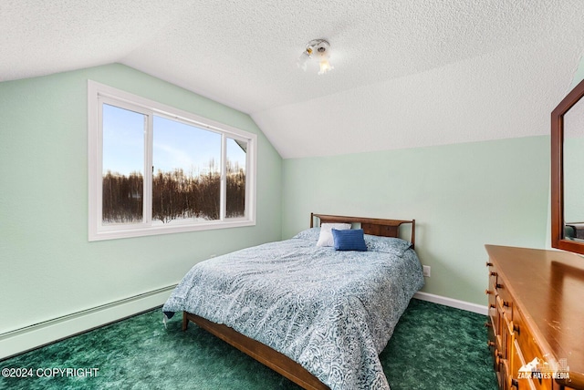 bedroom with a baseboard radiator, a textured ceiling, dark carpet, and vaulted ceiling