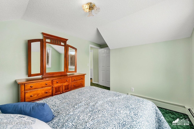 bedroom featuring baseboard heating, a textured ceiling, dark carpet, and vaulted ceiling