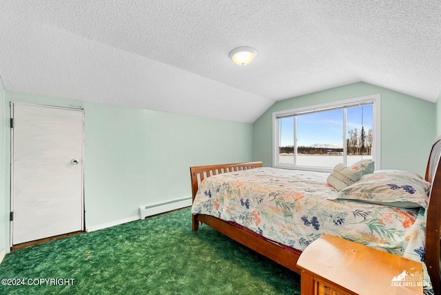 carpeted bedroom with a baseboard radiator, a textured ceiling, and vaulted ceiling