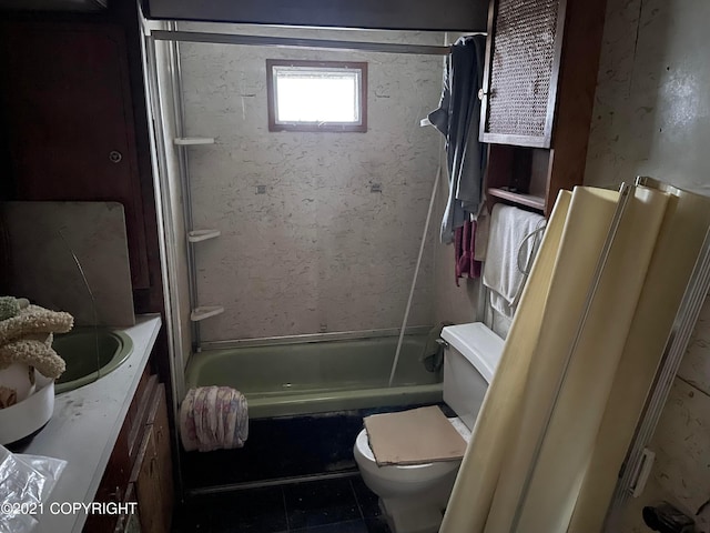 full bathroom featuring shower / bathing tub combination, toilet, tile floors, and vanity