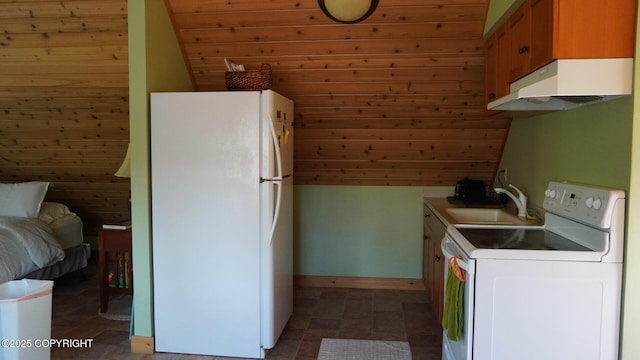 33405 Keystone Dr, Soldotna, AK 99669 - kitchen featuring white appliances, range hood, wood walls, brown cabinetry, and vaulted ceiling