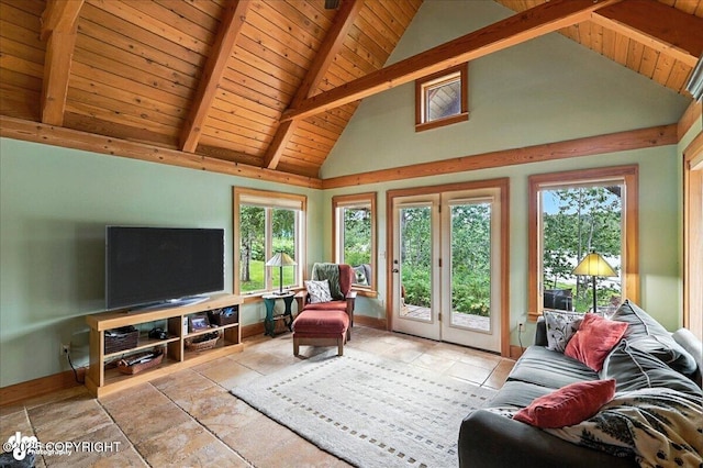 33405 Keystone Dr, Soldotna, AK 99669 - living area with a wood ceiling with exposed beams and high vaulted ceiling