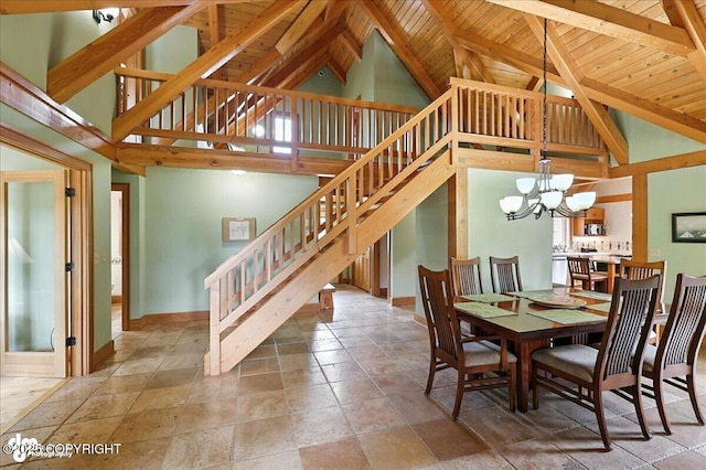 33405 Keystone Dr, Soldotna, AK 99669 - dining space with a chandelier, stairway, stone tile floors, high vaulted ceiling, and a wooden ceiling with exposed beams