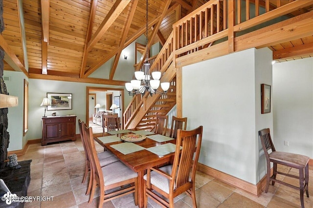 33405 Keystone Dr, Soldotna, AK 99669 - dining area featuring a wood ceiling with exposed beams, stone tile floors, a chandelier, stairway, and high vaulted ceiling