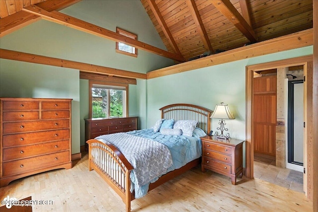 33405 Keystone Dr, Soldotna, AK 99669 - bedroom with a wood ceiling with exposed beams, wood finished floors, and high vaulted ceiling