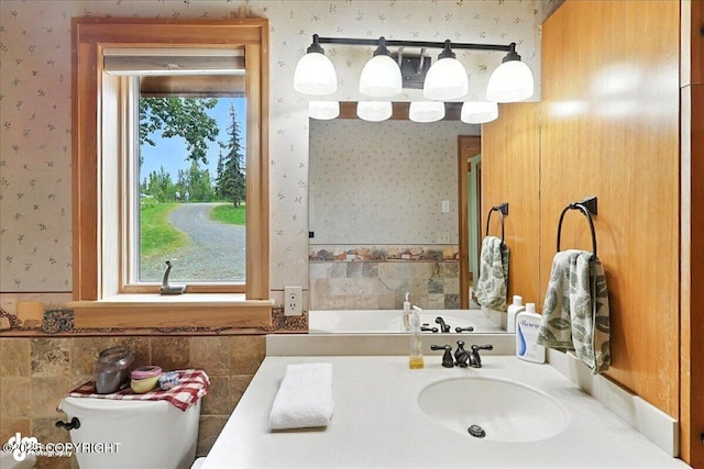 33405 Keystone Dr, Soldotna, AK 99669 - bathroom with wallpapered walls and vanity