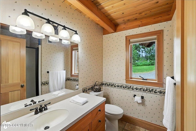 33405 Keystone Dr, Soldotna, AK 99669 - full bath featuring wallpapered walls, a wood ceiling with exposed beams, wainscoting, vanity, and a shower with shower door