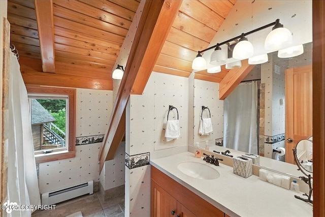 33405 Keystone Dr, Soldotna, AK 99669 - bathroom featuring baseboard heating, wooden ceiling, lofted ceiling, vanity, and wallpapered walls